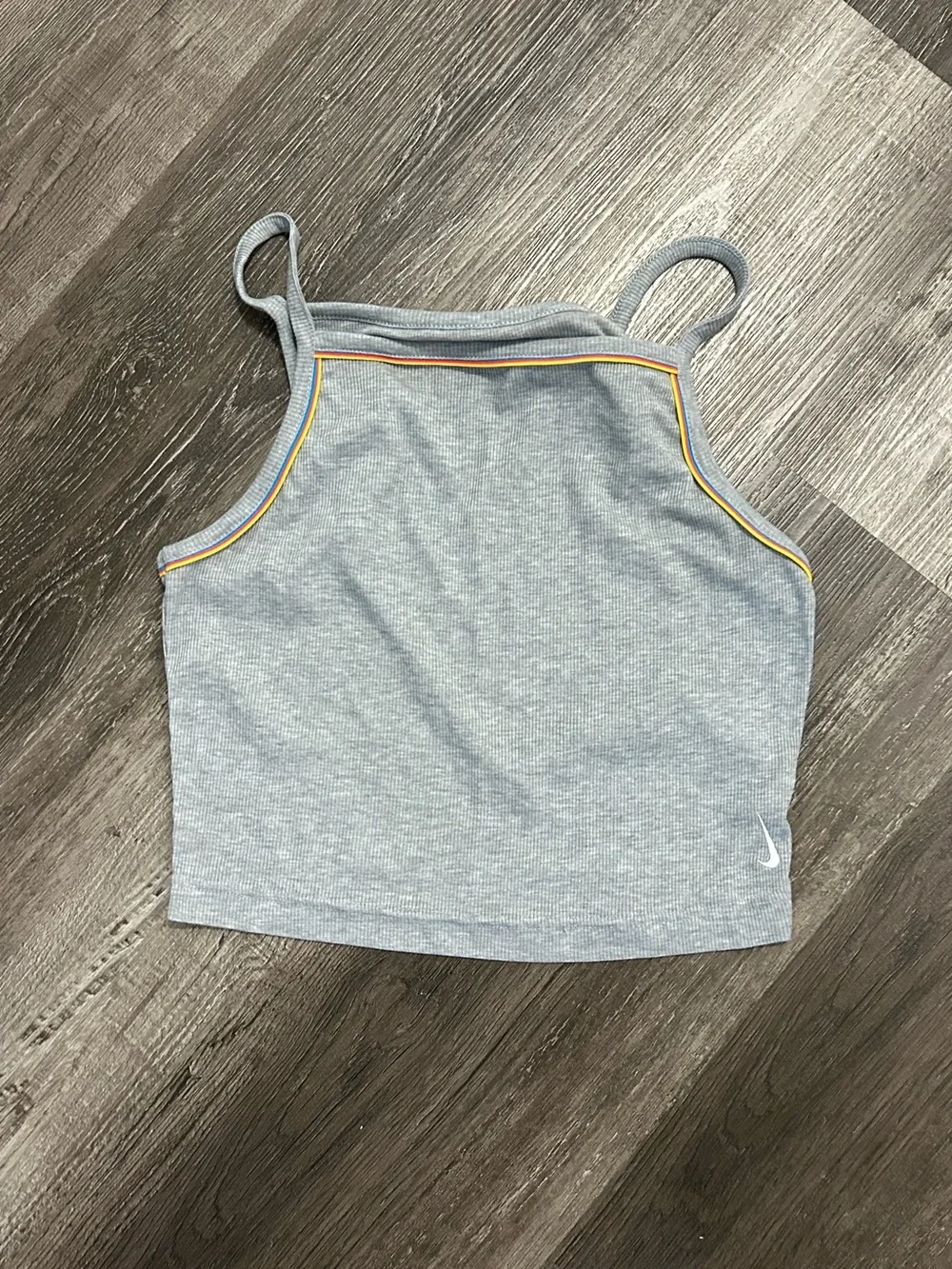 sold. Nike Gray Ribbed Dri-FIT Tank with Rainbow Trim
